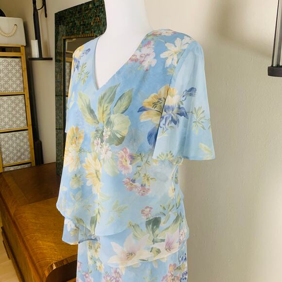 Vintage Sz 14P Floral Ruffle Tired 2 Piece Dress Skirt Set Blue Boho Chiffon - Picture 3 of 11